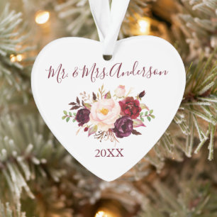 Watercolor Burgundy Floral Wedding Heart Ornament