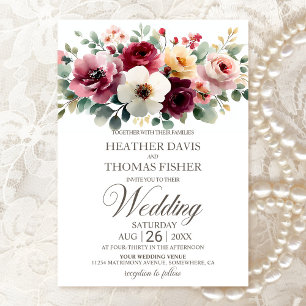 Watercolor Burgundy Floral Wedding Invitation