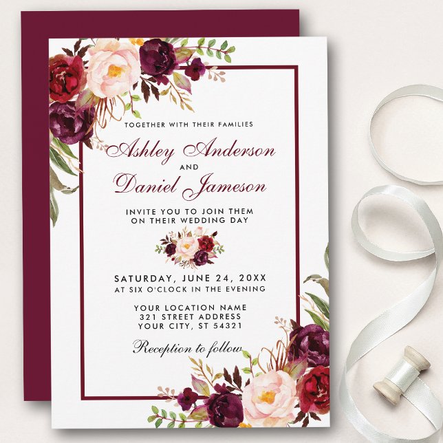 Watercolor Burgundy Floral Wedding Invitation (Customize to change text color, style, add text & photos to back or change color of back of card.)