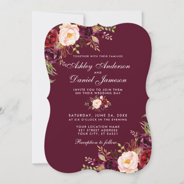 Watercolor Burgundy Floral Wedding Invite B (Front)