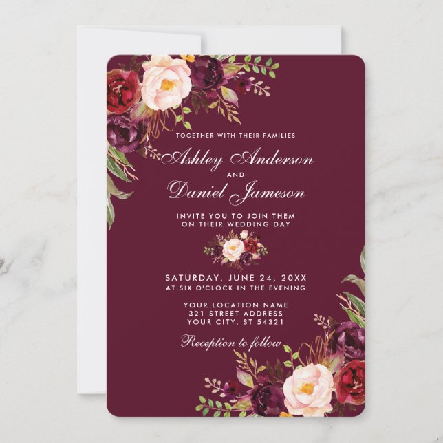 Watercolor Burgundy Floral Wedding Invite R (Front)