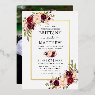 Watercolor Burgundy Floral Wedding Photo Gold