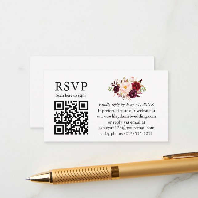 Watercolor Burgundy Floral Wedding QR RSVP Enclosure Card (Front/Back In Situ)