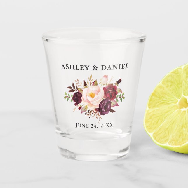 Watercolor Burgundy Floral Wedding Shot Glass (Front)