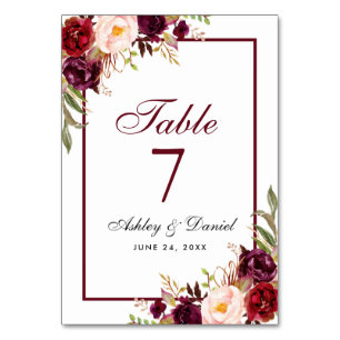 Watercolor Burgundy Floral Wedding Table Number