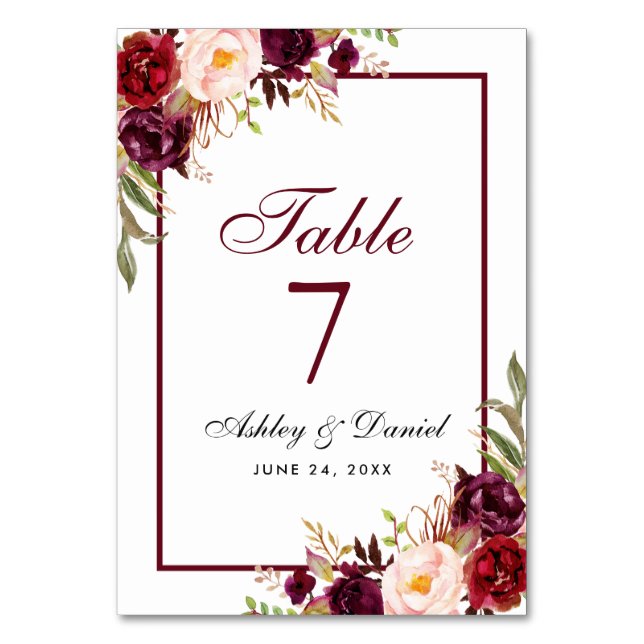 Watercolor Burgundy Floral Wedding Table Number (Front)