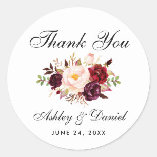 Watercolor Burgundy Floral Wedding Thank You Classic Round Sticker