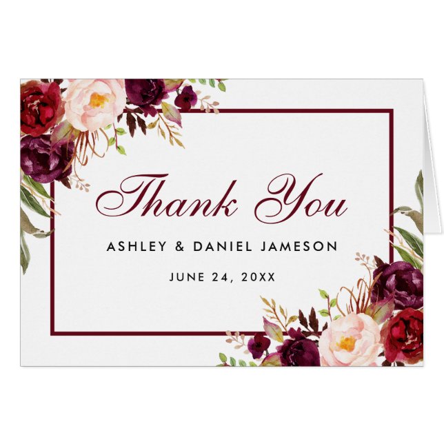 Watercolor Burgundy Floral Wedding Thanks B Note (Front Horizontal)