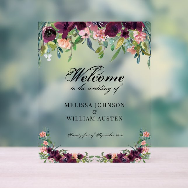 Watercolor Burgundy Floral Wedding Welcome Acrylic Sign (Neutral)
