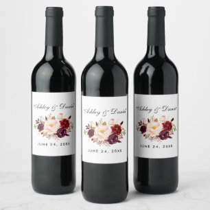 Watercolor Burgundy Floral Wedding Wine Label