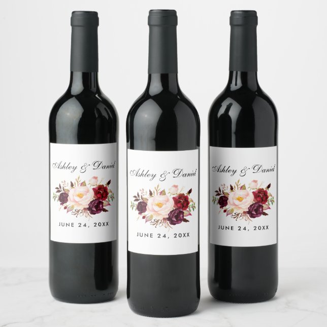 Watercolor Burgundy Floral Wedding Wine Label (Bottles)