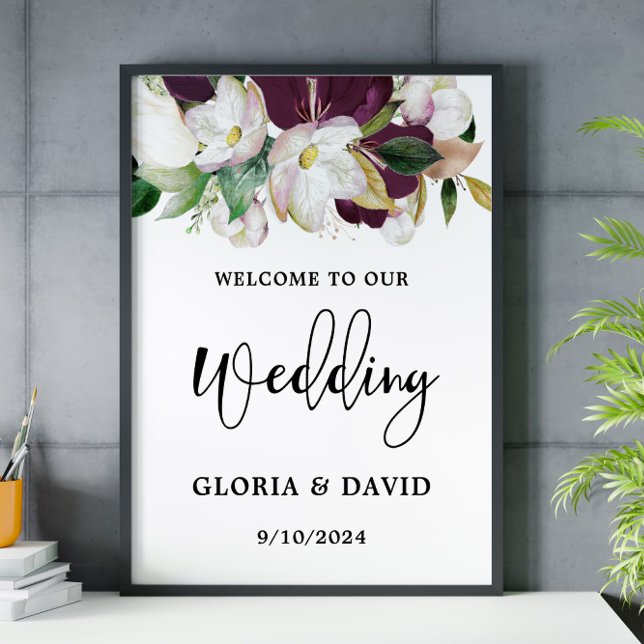 Watercolor Burgundy Floral Welcome Wedding  Poster (Creator Uploaded)