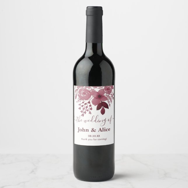 Watercolor Burgundy Floral Wine Label (Front)