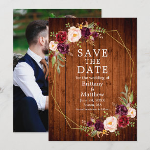 Watercolor Burgundy Floral Wood Geo Frame Photo Save The Date