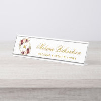 Watercolor Burgundy Floral Wreath Gold Monogram