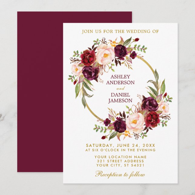 Watercolor Burgundy Floral Wreath Gold Wedding B Invitation (Front/Back)