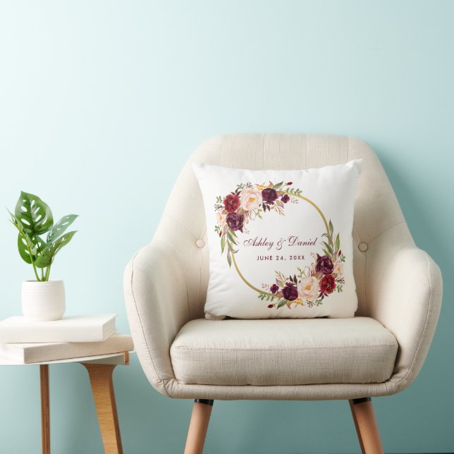 Watercolor Burgundy Floral Wreath Gold Wedding Cushion (Chair)