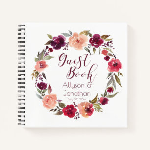Watercolor Burgundy Floral Wreath Guest Book