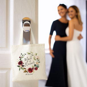Watercolor Burgundy Floral Wreath Maid of Honour Tote Bag