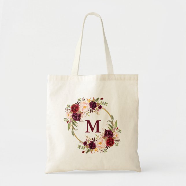 Watercolor Burgundy Floral Wreath Monogram Gold Tote Bag (Front)