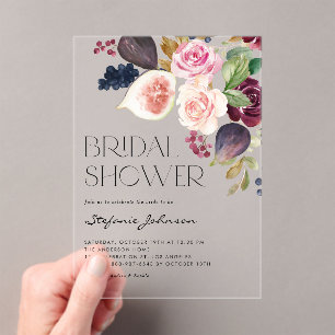 Watercolor Burgundy Flower and Fig Bridal Shower Acrylic Invitations