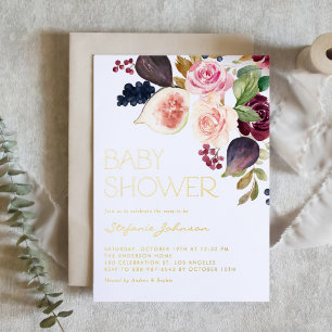 Watercolor Burgundy Flowers and Figs Baby Shower