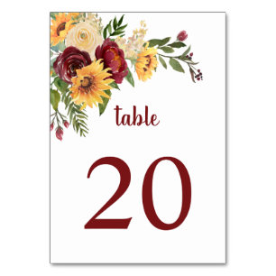 Watercolor Burgundy Flowers and Sunflowers Table Number