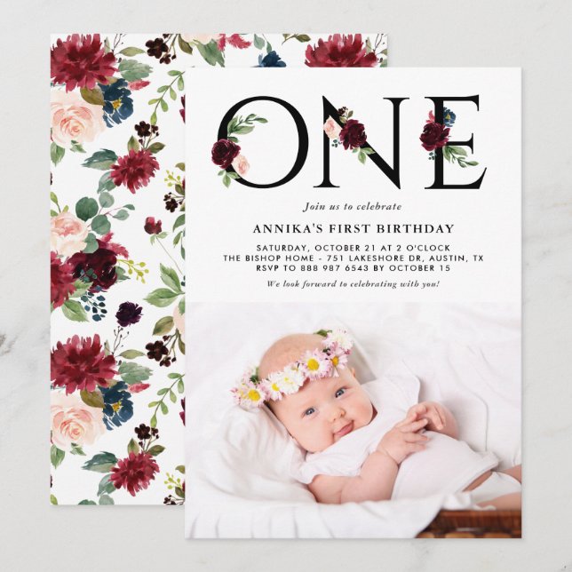 Watercolor Burgundy Flowers First Birthday Photo Invitation (Front/Back)