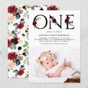 Watercolor Burgundy Flowers First Birthday Photo Invitation