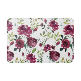 Watercolor Burgundy Flowers   Floral Pattern Bath Mat