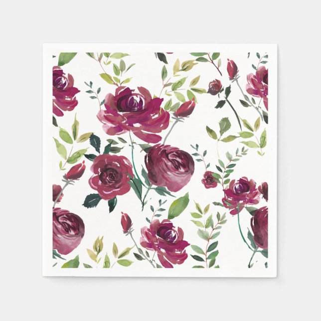 Watercolor Burgundy Flowers | Floral Pattern Napkin (Front)