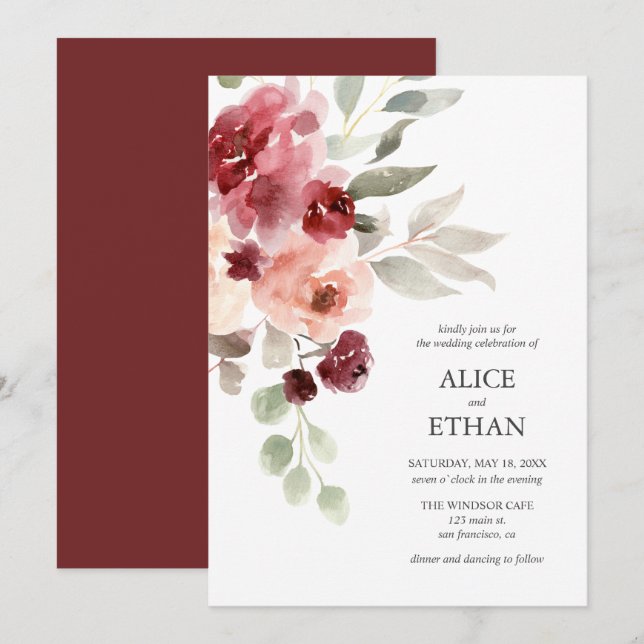 Watercolor Burgundy Flowers Modern Wedding Invitation (Front/Back)