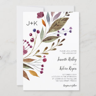 Watercolor Burgundy Flowers Monogram Wedding Invitation