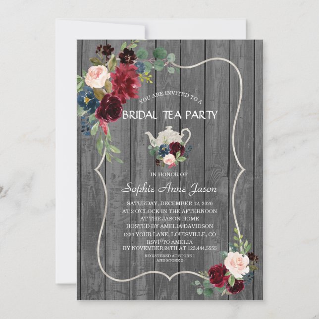 Watercolor Burgundy Flowers Wood Bridal Tea Party Invitation (Front)
