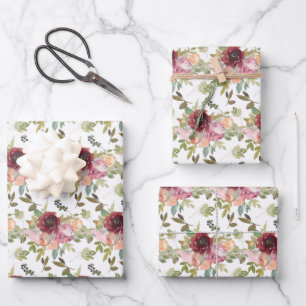 Watercolor Burgundy Flowers Wrapping Paper Sheet