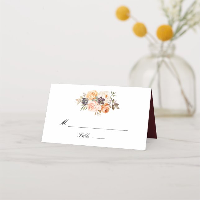 Watercolor burgundy, gold and blush wedding place card (Front)