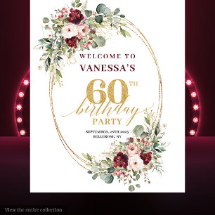 Watercolor Burgundy Gold Eucalyptus 60th Birthday  Tapestry
