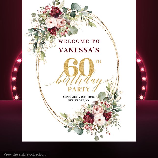 Watercolor Burgundy Gold Eucalyptus 60th Birthday  Tapestry (Watercolor Burgundy Gold Eucalyptus 60th Birthday Banner)