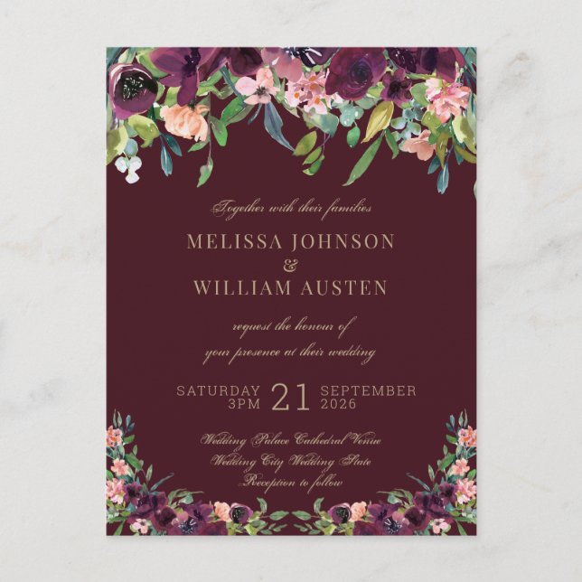 Watercolor Burgundy Gold Floral Wedding Invitation Postcard (Front)