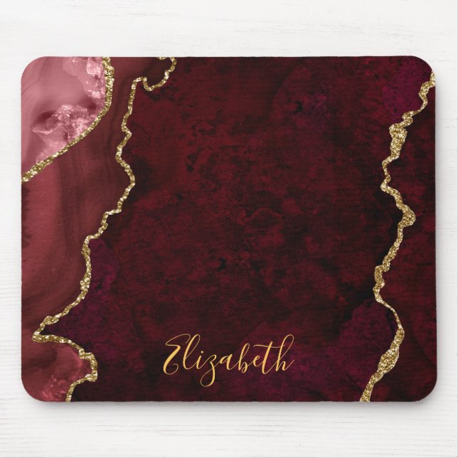 Watercolor Burgundy Gold Marble Agate Geode Mouse Mat (Front)