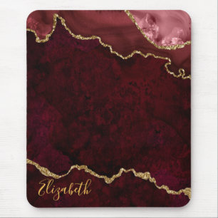 Watercolor Burgundy Gold Marble Geode Agate Mouse Mat