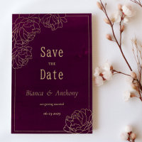Watercolor burgundy gold peony flora Save the Date