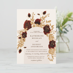 watercolor burgundy gold roses Wedding  Invitation