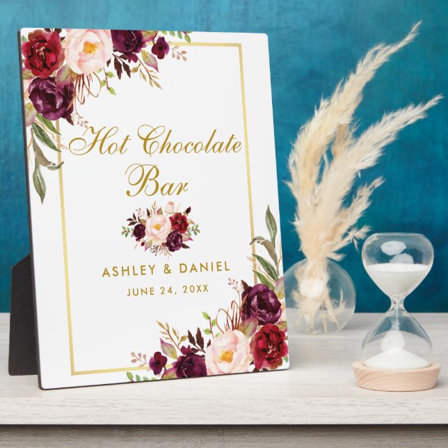 Watercolor Burgundy Gold Wedding Hot Chocolate Bar Plaque (Side)