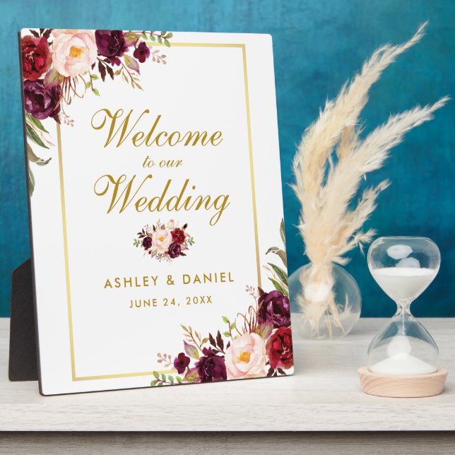 Watercolor Burgundy Gold Wedding Welcome Plaque (Side)