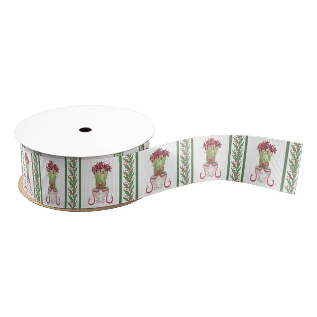 Watercolor Burgundy & Green Amaryllis Christmas Grosgrain Ribbon (Spool)