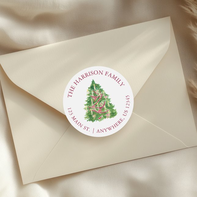 Watercolor Burgundy & Green Christmas Tree Address Classic Round Sticker (Creator Uploaded)