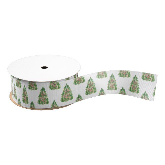 Watercolor Burgundy & Green Christmas Trees Grosgrain Ribbon (Spool)