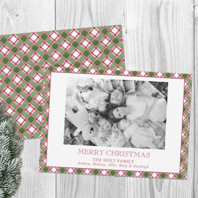 Watercolor Burgundy & Green Plaid Christmas Photo Holiday Card (Creator Uploaded)