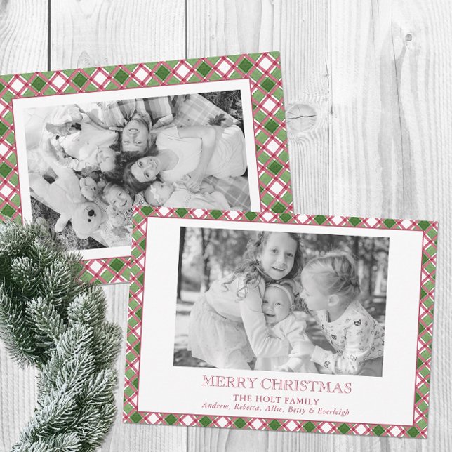 Watercolor Burgundy & Green Plaid Christmas Photo Holiday Card (Creator Uploaded)